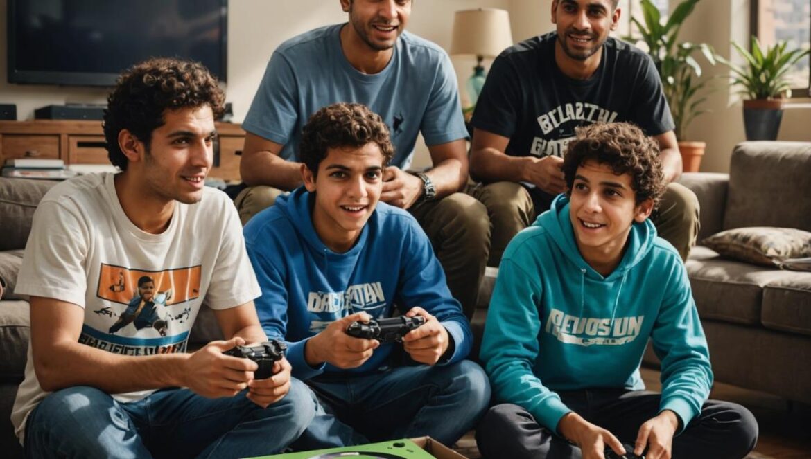 GTA V por fin llega a Arabia y Emiratos: ¿vale la espera? Un grupo de jóvenes en Arabia abriendo GTA V y jugando en PS5, con decoración local y ambiente festivo.