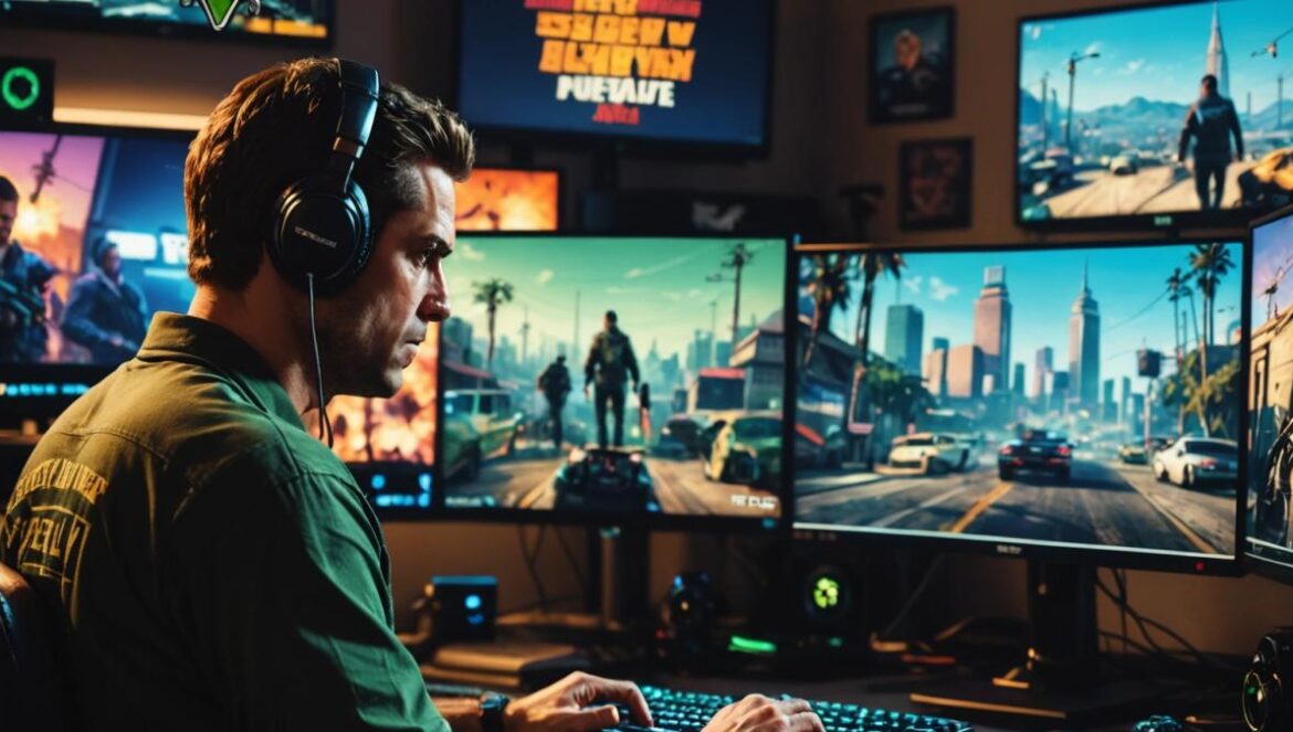 GTA V revive en PC con parche sorpresa: mejoras técnicas sí, pero el chat sigue muerto Jugador descargando la última actualización de GTA V en su PC rodeado de luces y decoraciones retro.