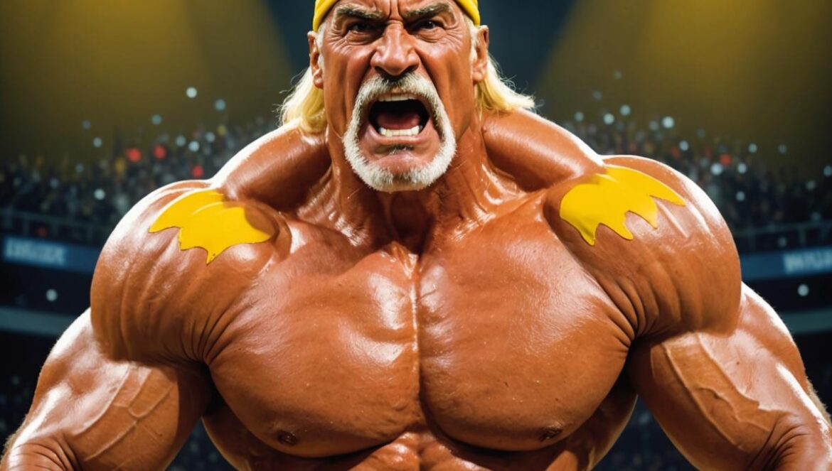 Hulk Hogan: El ídolo que conquistó el ring y rompió internet—luces, sombras y puro show Hulk Hogan en el ring con su atuendo amarillo, posando ante una multitud emocionada bajo luces brillantes.