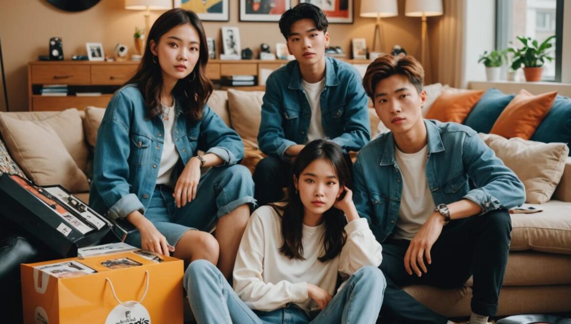 I Shopping: La nueva serie coreana que reinventa la música en dramas Elenco juvenil de 'I Shopping' rodeado de bolsas de compras y vinilos en un apartamento moderno coreano.