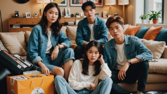I Shopping: La nueva serie coreana que reinventa la música en dramas Elenco juvenil de 'I Shopping' rodeado de bolsas de compras y vinilos en un apartamento moderno coreano.