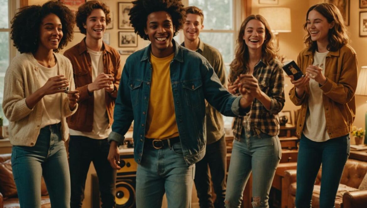 Bailar canciones tristes: de BoA a TikTok, la catarsis pop que convierte lágrimas en resistencia colectiva A group of young adults, dancing together in a cozy living room filled with vintage music posters and soft lighting, some visibly wiping tears but smiling as they move, photorealistic editorial style, warm golden light, vinyl records and an old stereo in the background, main subjects clearly centered and in sharp focus, capturing both the emotional release and communal joy.