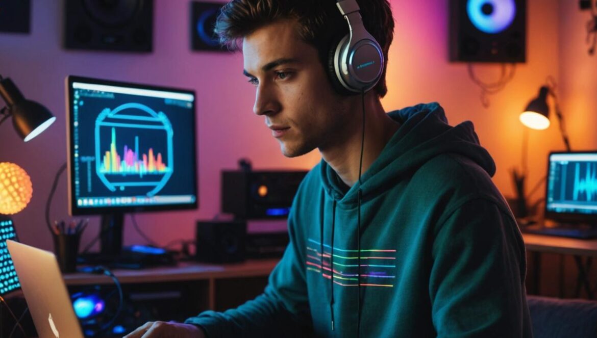 ¿Imoliver rompe la música? Así es el primer ‘AI music designer’ fichado por un sello Un joven con auriculares creando música con IA en su estudio moderno lleno de luces LED.