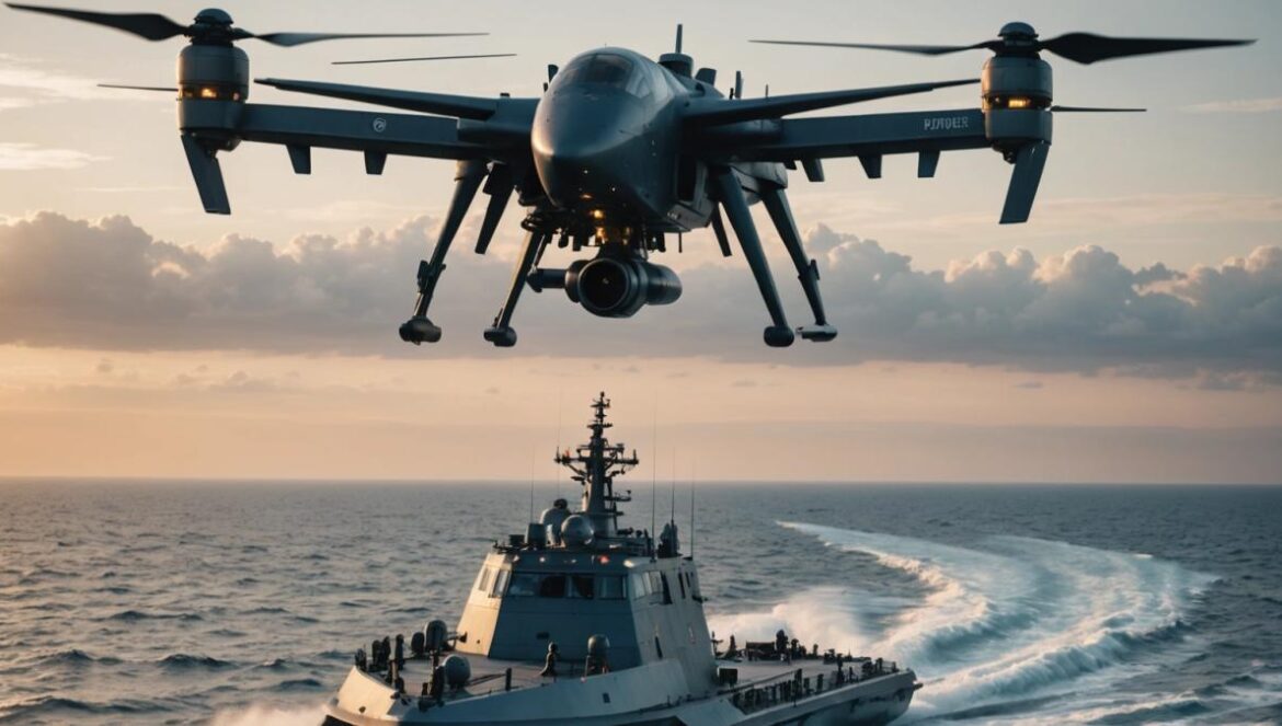 La guerra dron en Crimea: barcos autónomos, radares Nebo-M destruidos y la nueva era bélica que parece ciencia ficción A cutting-edge unmanned surface vessel at sea, launching compact bomber drones into the air at dawn, photorealistic editorial style, tense and dramatic atmosphere, focused on the vessel and flying drones with digital control panels visible, Black Sea background, main subject well-centered and in sharp focus, subtle military elements but no combat.