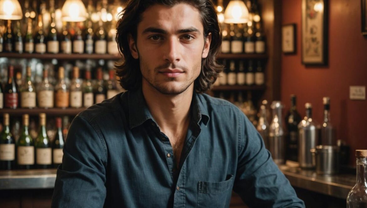 Jack Depp, el hijo de Johnny que huye de la fama y prefiere ser camarero en París Jack Depp sirviendo detrás de la barra en un restaurante libanés acogedor en París, rodeado de detalles tradicionales y luz cálida.