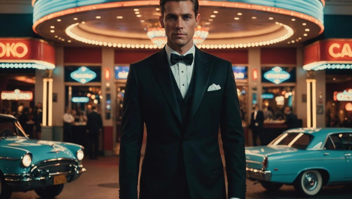James Bond: Así nació el mito 007 en la gran pantalla Un hombre elegante con esmoquin frente a un casino retro iluminado, al estilo James Bond.