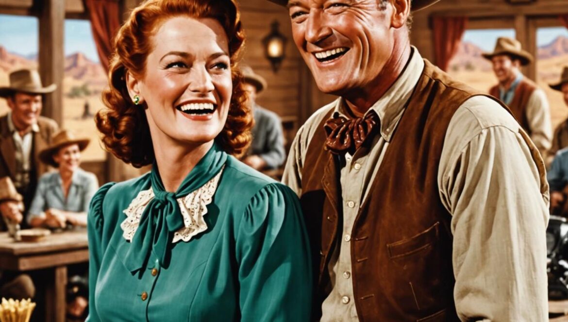John Wayne y Maureen O’Hara: la insólita amistad que rompió el machismo de Hollywood John Wayne y Maureen O'Hara riendo juntos en un set de rodaje clásico del Oeste.