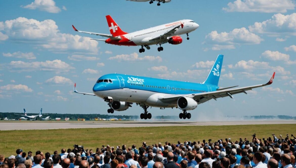 Revienta el cielo: Aviones presidenciales de Eslovaquia en maniobra épica que nadie vio venir Two government airplanes—a blue Airbus A319 and a white Fokker 100 with red engines—flying in close formation at extremely low altitude above a runway, photorealistic editorial style. Dozens of spectators and photographers point cameras skyward, capturing the daring maneuver. The main subjects are sharply focused and centered, with vivid blue sky, dynamic sense of movement, crisp lighting, and an airshow atmosphere. Government insignia clearly visible on aircraft fuselages.