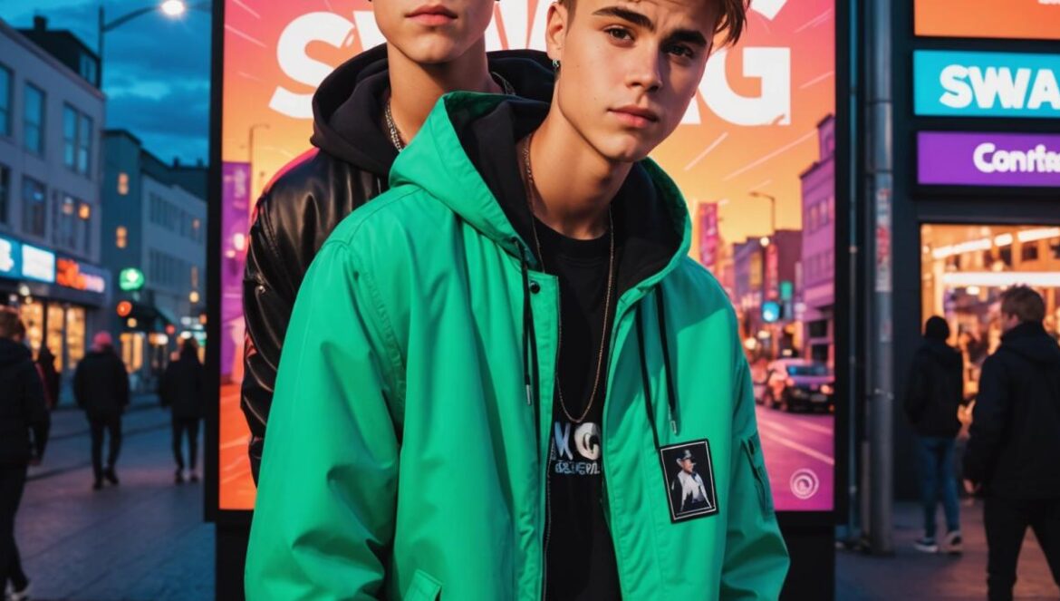 Justin Bieber delante de un enorme cartel de 'Swag' en una calle iluminada de Reikiavik, rodeado de jóvenes fans.