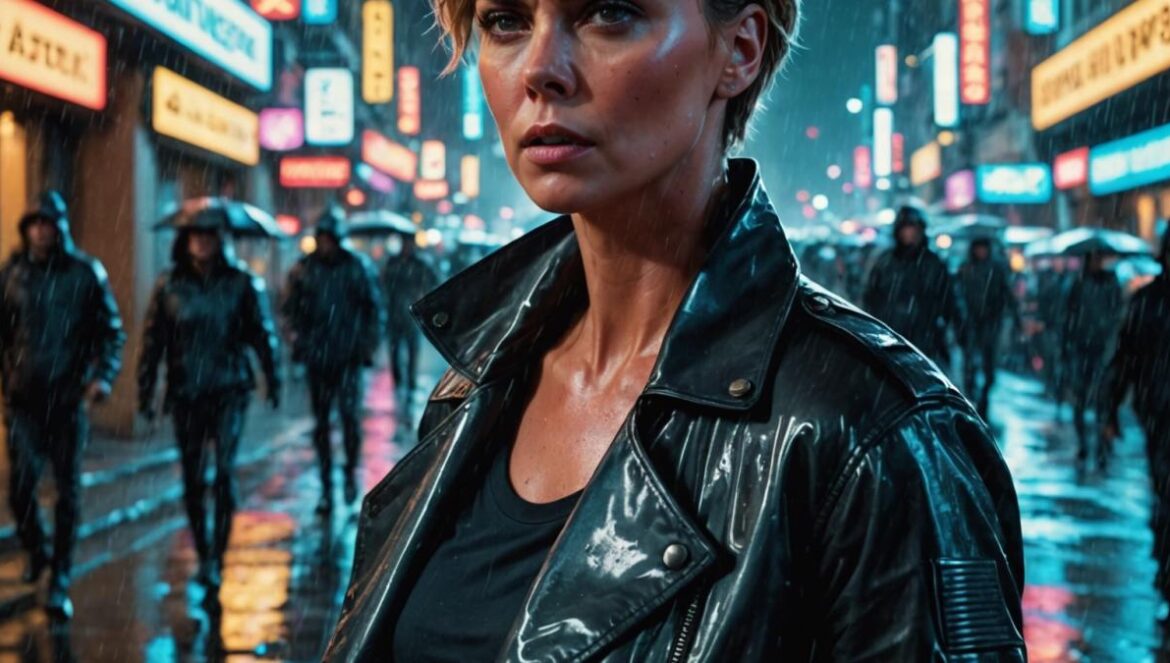 ¿Por qué ‘La vieja guardia 2’ decepciona tanto? Así se vivió su caída Charlize Theron in a dramatic, action-packed scene from 'The Old Guard 2', photorealistic editorial style, intense expression, urban nighttime background with neon lights, rain-soaked street, main subject centered and in sharp focus, cinematic atmosphere.