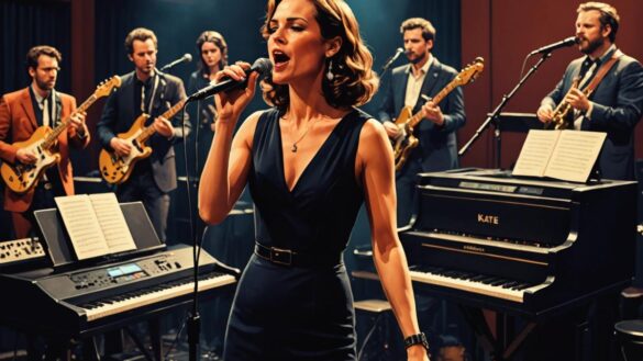 Kate NV cantando en vivo junto a su banda de ocho músicos rodeados de sintetizadores y viento madera bajo luces cálidas de escenario.