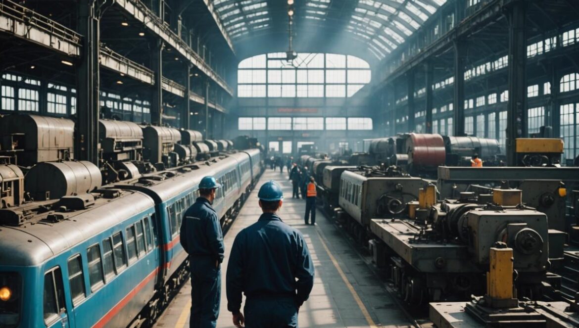 Europa se rearma y tus gadgets lo pagan: trenes con retraso, coches eléctricos en pausa y chips al límite A busy European train station with halted trains and a car factory assembly line paused, photorealistic editorial style, concerned workers in uniforms looking at empty parts shelves, well-lit with daylight through large industrial windows, center-focused on the contrast between advanced tech machinery and missing components, sharp focus, clean background.
