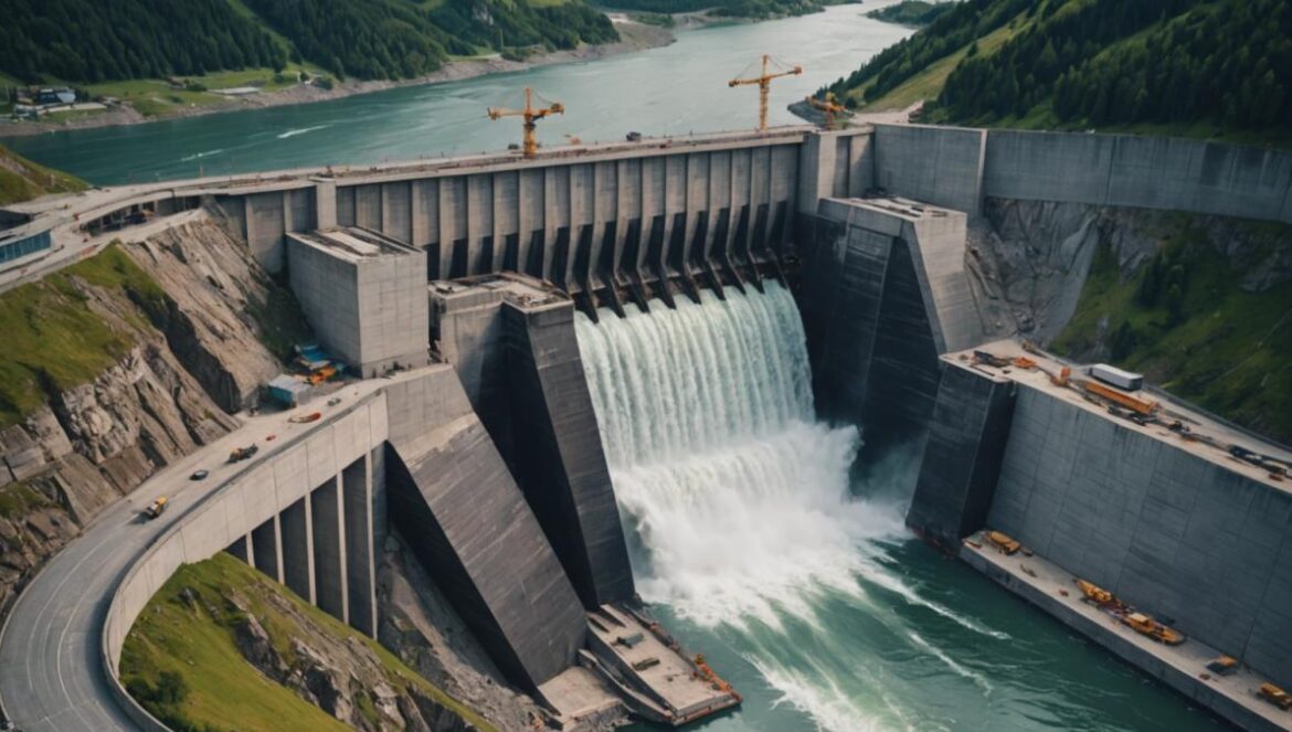 ¿La nueva mega presa de China podría cambiar la rotación de la Tierra otra vez? Así se vive el debate Vista aérea realista de una mega presa china en construcción entre montañas con grúas y río caudaloso.