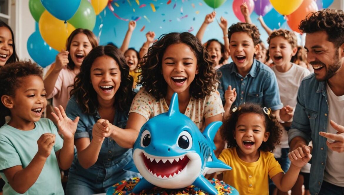 Baby Shark cumple 10 años: del vinilo líquido coleccionable a la London Symphony Orchestra y nuevos remixes virales A vibrant editorial image of a Baby Shark-themed anniversary celebration, with a limited edition liquid vinyl record as the centerpiece, surrounded by excited families and children dancing, colorful ocean-themed decorations, balloons and confetti in the background. The main subject—the exclusive LP—clearly centered and in sharp focus, photorealistic style with bright, cheerful lighting to evoke joy and festivity.