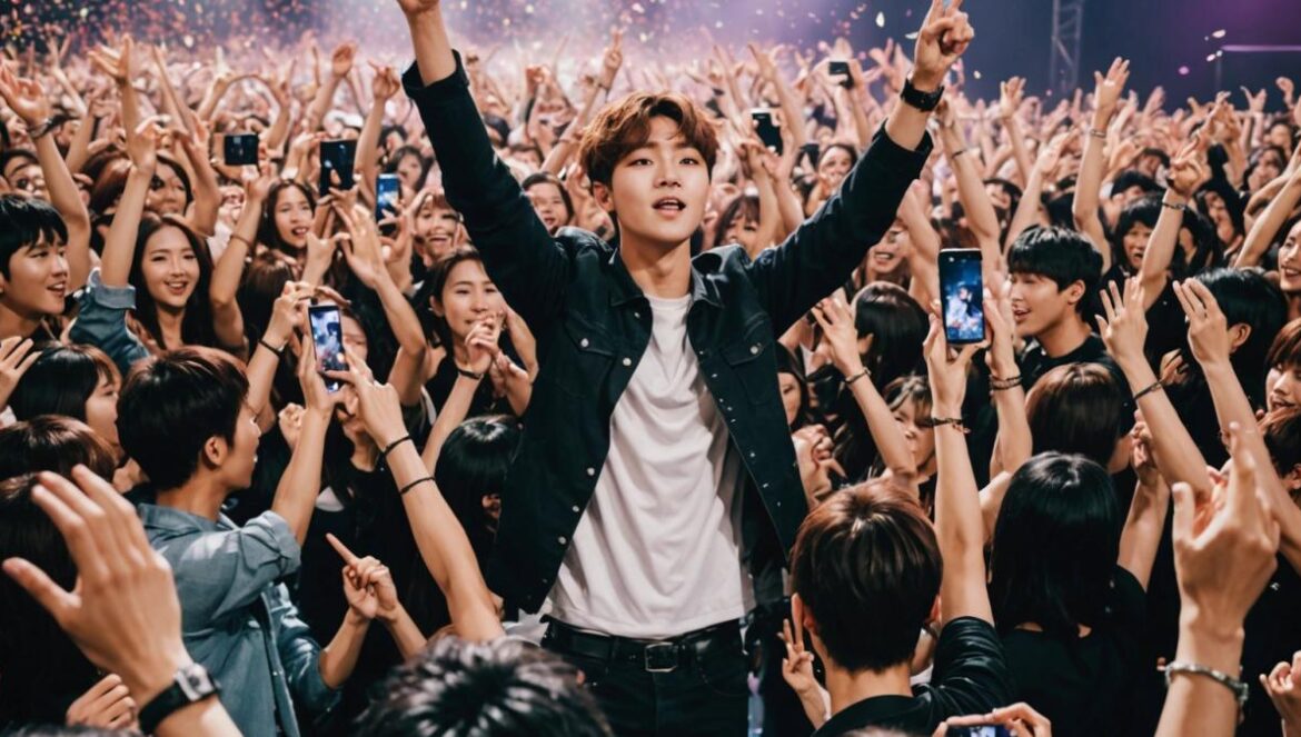 ONE PACT conquista Europa: el tour K-pop que agotó salas y rompió fronteras culturales ONE PACT, the five-member K-pop group, performing on stage in a packed European concert venue, photorealistic editorial style. The members are at the center, interacting with ecstatic fans holding up banners and lightsticks. Bright stage lights illuminate their faces; confetti floats in the air. The audience is diverse and visibly excited. Focus on a sense of connection between artists and fans, with clear facial expressions and vibrant atmosphere. Well-centered composition, sharp focus, clean background emphasizing the group's presence.
