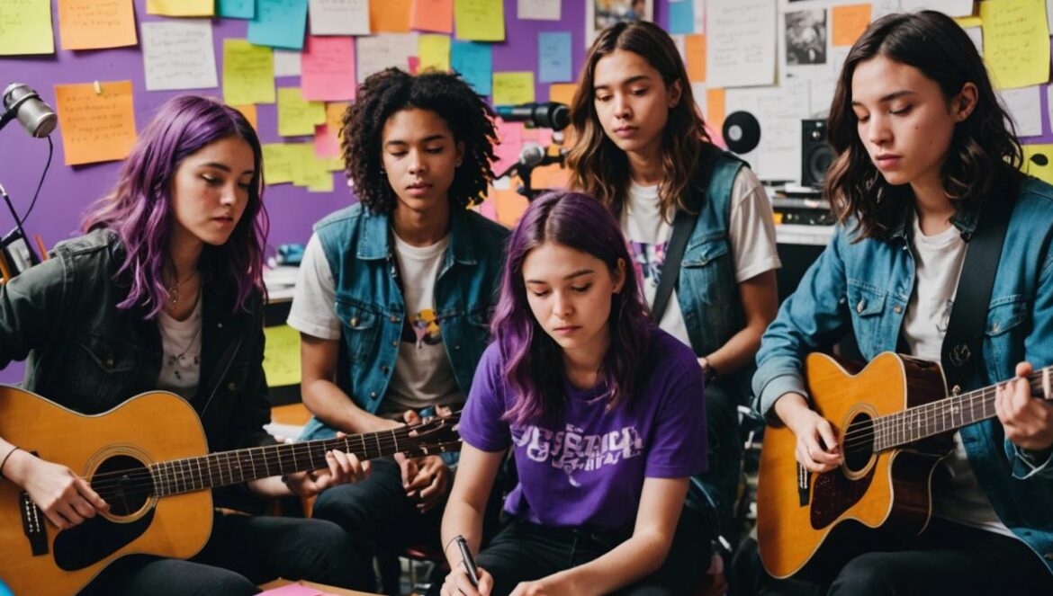 PURPLE KISS rompe moldes con ‘I Miss My…’: autoría propia, hype viral y un comeback que emociona The six members of PURPLE KISS, gathered in a bright music studio, working together on songwriting with notebooks, microphones, and a wall of colorful post-its. Editorial photorealistic style, energetic and creative mood, soft natural lighting highlighting their expressions of concentration and joy. Main subjects well-centered and in sharp focus; background filled with musical instruments and subtle posters hinting at their new single.