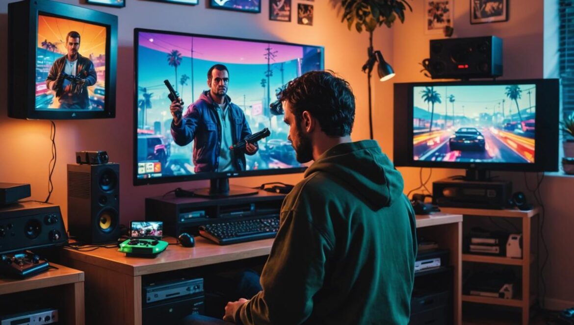 GTA Online revive: ¿por qué vuelve a arrasar en descargas PS5? A photorealistic editorial image of a modern Spanish gamer in their apartment, surrounded by both retro and next-gen consoles, intensely focused while playing GTA Online on a large TV. The room is bathed in colorful LED lights with GTA posters, gamepads scattered around, and a laptop displaying PlayStation download charts. The main subject is sharply centered and in focus, exuding excitement. Clean background with gaming paraphernalia enhancing the scene.