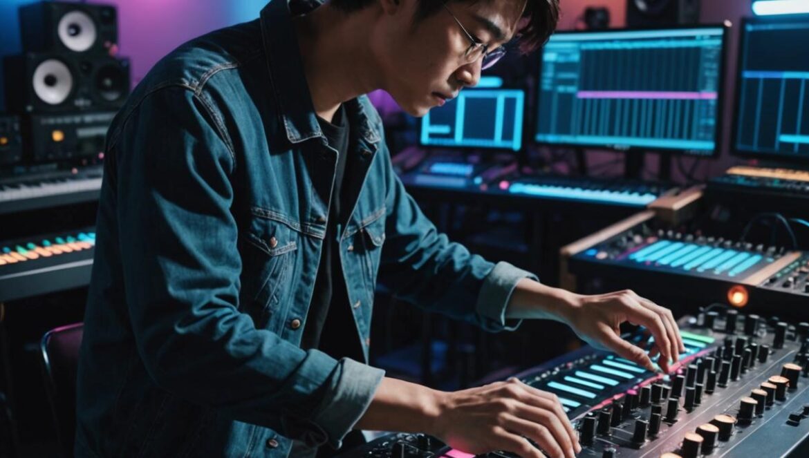 ¿Está el K-pop perdiendo magia… o solo estamos saturados? Productor musical coreano mezclando percusión y sintetizadores en un estudio moderno lleno de luces neón.