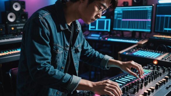 Productor musical coreano mezclando percusión y sintetizadores en un estudio moderno lleno de luces neón.