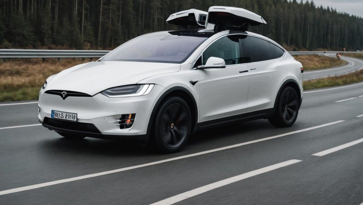 ¿Piloto automático o locura total? El caso Tesla que puso a prueba la confianza ciega en la tecnología Tesla blanco avanzando solo por una autopista europea seguido de coches de policía bajo un cielo nublado.