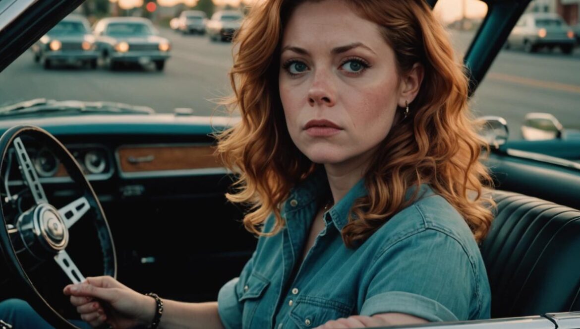 Poker Face regresa: misterio vintage y Natasha Lyonne en modo épico Natasha Lyonne sentada al volante de un Plymouth Barracuda antiguo al atardecer, mirada decidida.