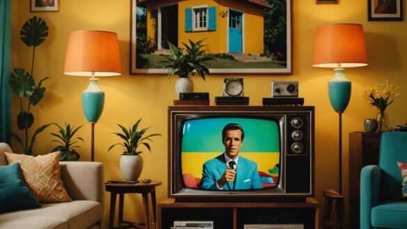 Un televisor antiguo mostrando una escena intensa de Fina Estampa en un salón brasileño moderno.