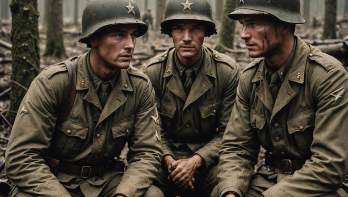 ¿Por qué ‘Hermanos de Sangre’ sigue siendo la miniserie más impactante? Soldados de la Segunda Guerra Mundial con uniformes auténticos, reunidos en un bosque, transmitiendo camaradería y tensión.