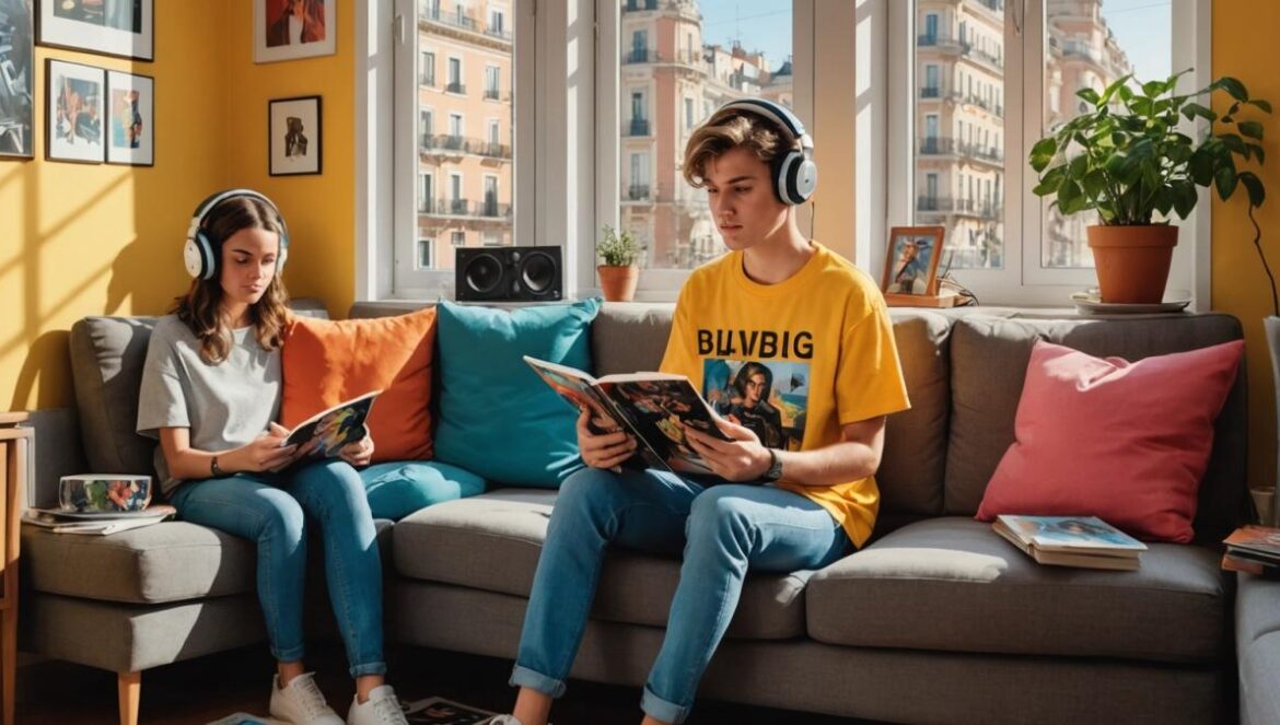 ¿Por qué Justin Bieber y Wet Leg están rompiendo este viernes musical? Grupo joven escuchando vinilos nuevos de Justin Bieber y Wet Leg en un salón moderno lleno de pósters y portadas llamativas.