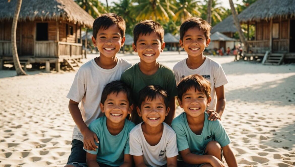 Mababoy Island: la infancia resiliente que brilla sin filtros Niños filipinos jugando sonrientes en la playa de una isla remota, rodeados de palmeras y casitas de madera.