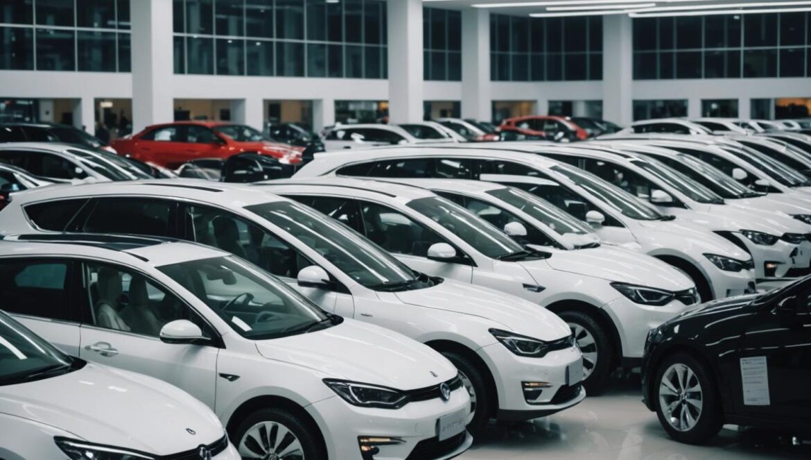 ¿Por qué los concesionarios chinos están reventados de autos eléctricos invendidos? Concesionario chino lleno de coches eléctricos nuevos e invendidos; vendedores con gestos preocupados.