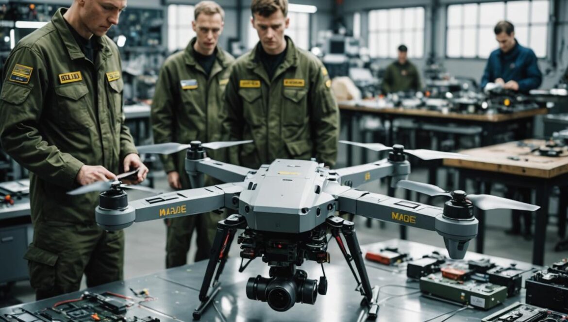 Made in China: así son (de verdad) los drones rusos Ingenieros revisando un dron militar abierto sobre una mesa, con componentes electrónicos y etiquetas de fabricación china a la vista.