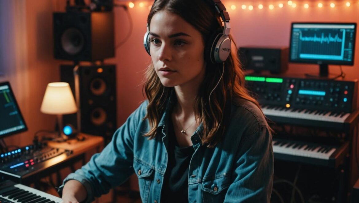 Sophia Stel: pop minimalista que toca la fibra Joven productora musical componiendo en un estudio casero entre sintetizadores y luces suaves.