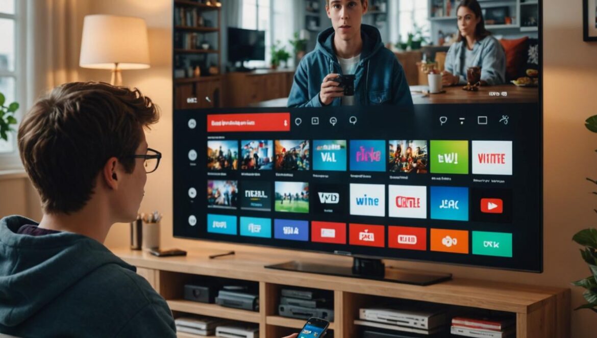 YouTube en Smart TV se llena de anuncios: mid-rolls infinitos, QR gigantes y la presión para pagar Premium Persona joven frente a Smart TV mostrando muchos anuncios de YouTube, ambiente hogareño moderno.