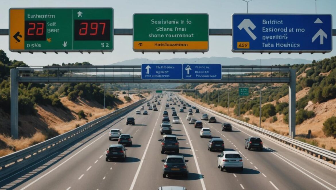 El debate sobre pagar por kilómetro: la propuesta que puede transformar las autovías gratis en España A Spanish highway with cars driving, digital payment signs visible, photorealistic editorial style, bright daylight, clear main road stretching forward, centered focus on a modern vehicle and a toll price display in euros per kilometer, professional clean background.