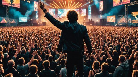 Bob Vylan performing at Glastonbury 2025, center stage under dramatic lighting, energetic crowd in the foreground with raised fists, photorealistic editorial style, tense yet vibrant atmosphere, backdrop of festival banners and security presence, main subject clearly centered and sharply focused.