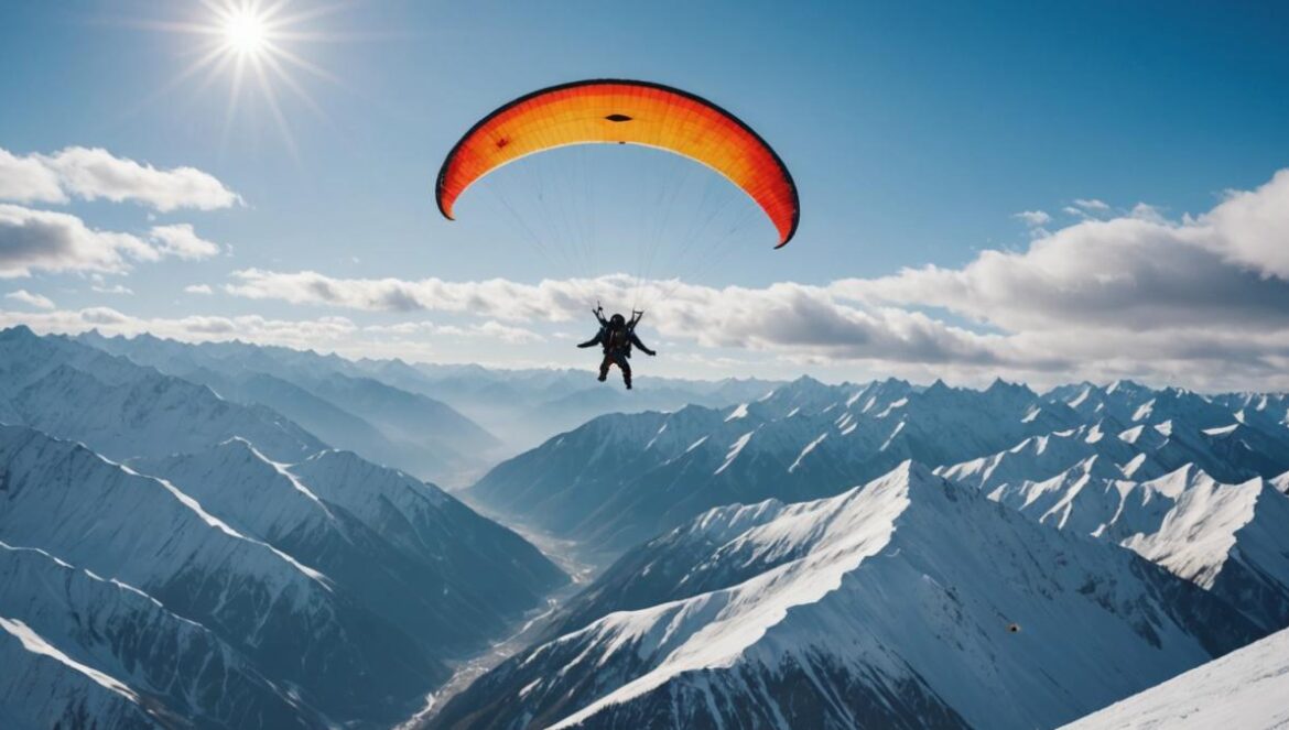 ¿Sobrevivir a 8.598 metros en parapente? El vuelo real que dejó helados a los expertos Un parapentista congelado volando sobre montañas nevadas a gran altitud, rodeado de nubes impresionantes.