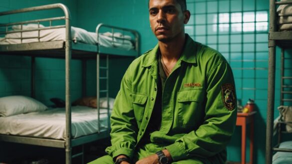 Músico cubano con uniforme de preso en una celda precaria rodeado de señales de peligro y comida en mal estado.