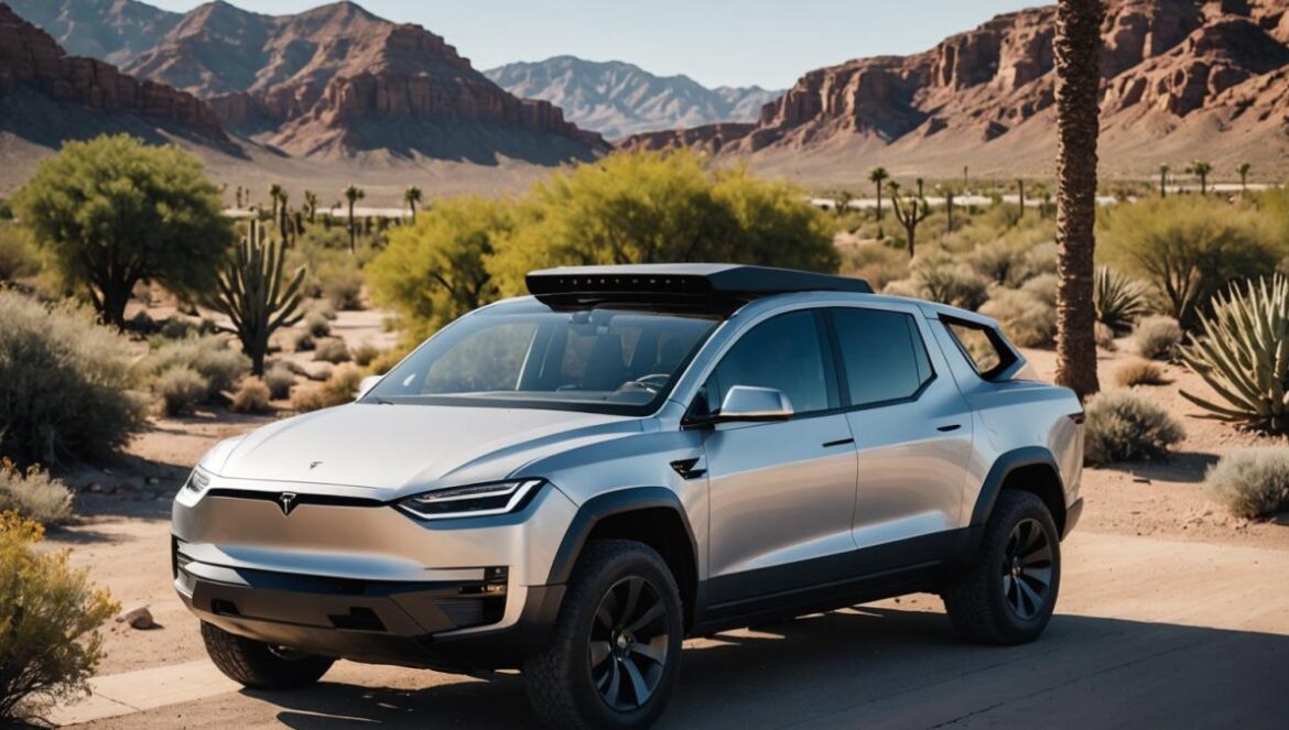 ¿Qué pasó con la Tesla Cybertruck desconectada por dos semanas? El dato que nadie te contó Tesla Cybertruck estacionada al sol en Arizona con cable de carga conectado en una entrada rodeada de plantas desérticas.