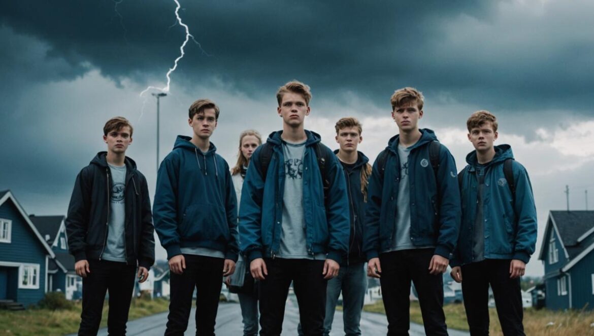 ¿Por qué Ragnarok arrasa entre la Gen Z? La serie nórdica de Netflix que mezcla mitología, drama teen y crisis climática A group of diverse, modern teenagers standing in a misty Norwegian town, dramatic skies overhead with lightning hinting at Norse mythology, photorealistic editorial style, moody blue and gray lighting, iconic Norse runes subtly present, main teen character holding a symbolic hammer at the center in sharp focus, atmospheric yet clean background.