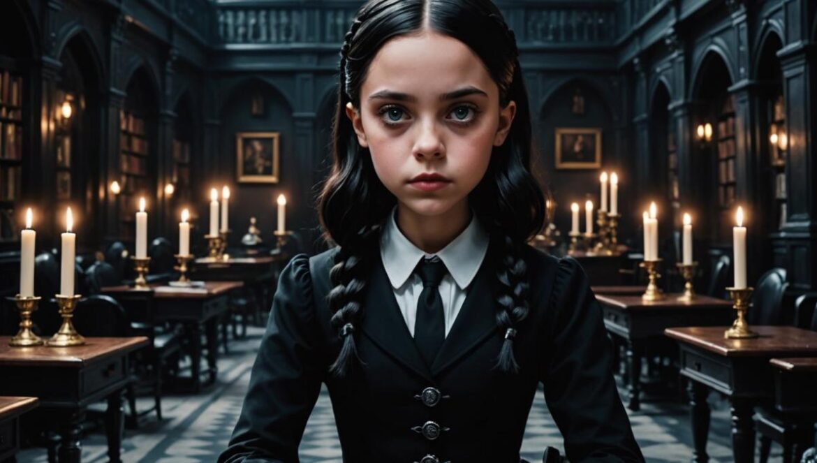 Miércoles temporada 2: estrenos divididos, Lady Gaga en Nevermore y el regreso gótico más esperado del año Jenna Ortega as Wednesday Addams and Lady Gaga in a gothic, mysterious academy setting, photorealistic editorial style, both centered and in sharp focus, dramatic lighting with dark tones and elegant gothic details, background filled with quirky students and ornate Nevermore Academy architecture.