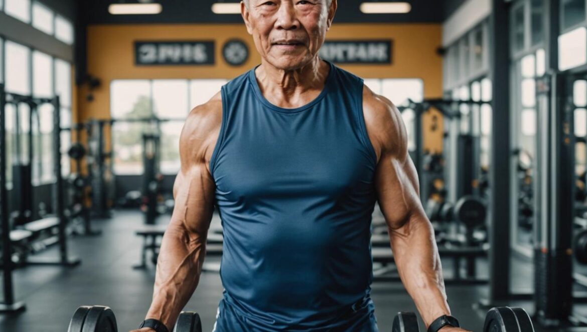 El ‘abuelo culturista’ de 77 años que revoluciona TikTok: mito y realidad de Yang Xinmin Un hombre asiático mayor y musculoso levantando pesas en un gimnasio moderno, lleno de energía.