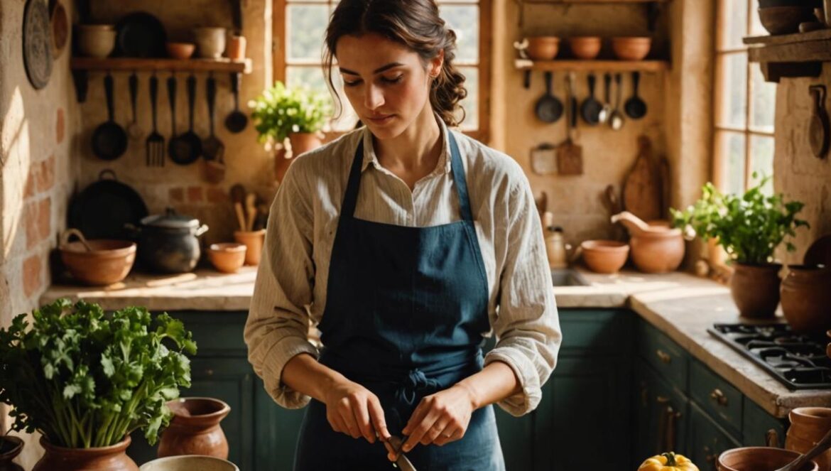 ¿Recetas medievales virales? Así triunfan en TikTok (y en tu bolsillo) Joven cocinando recetas medievales en una cocina andaluza luminosa con verduras frescas y utensilios tradicionales.