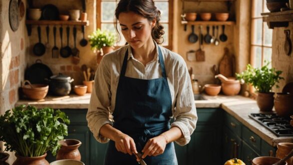 Joven cocinando recetas medievales en una cocina andaluza luminosa con verduras frescas y utensilios tradicionales.