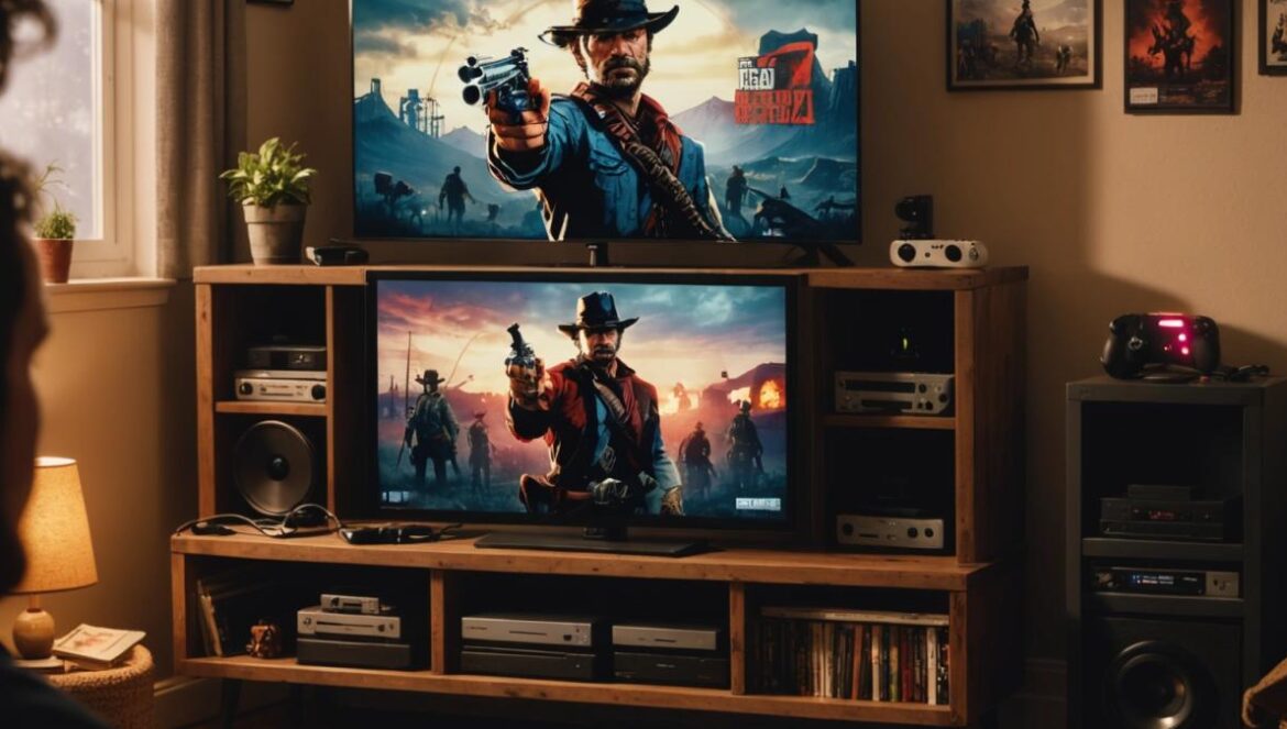 ¿Filtración real o error? El rumor sobre Red Dead Redemption 2 en Switch 2 y next-gen Gamer emocionado revisando noticias sobre Red Dead Redemption 2 en una pantalla rodeado de consolas clásicas y modernas.
