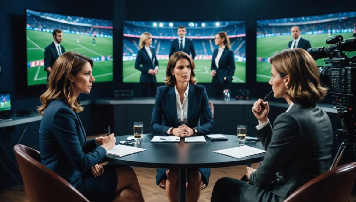 Reporteras deportivas en Italia: glamour, feminismo pop y el debate viral que sacude al fútbol europeo Dos reporteras deportivas italianas debaten intensamente en un estudio de televisión moderno con pantallas de fútbol al fondo.