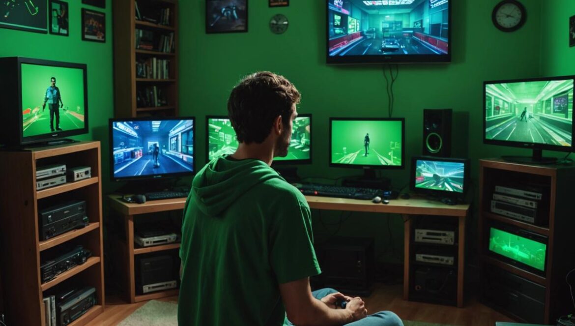 ¿Aliens ocultos en GTA V? El mod que revive el búnker perdido de Fort Zancudo A young Spanish gamer in his apartment, surrounded by retro and modern consoles, playing GTA V on a large screen. The screen shows the restored underground alien bunker with eerie green lighting and mysterious lab equipment. Editorial photorealistic style, vibrant but moody lighting to evoke mystery and excitement. Main subject (the gamer) centered and in sharp focus, controllers and game memorabilia scattered around. Clean, realistic background with subtle gaming posters.