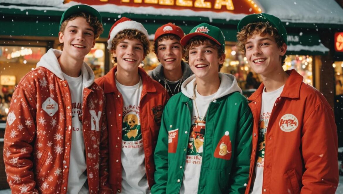 Snowy Summer: el comeback loco de Close Your Eyes que mezcla K-pop, humor negro y verano navideño Grupo juvenil posando frente a una pizzería iluminada en verano con nieve falsa y accesorios navideños, en ambiente divertido y festivo.