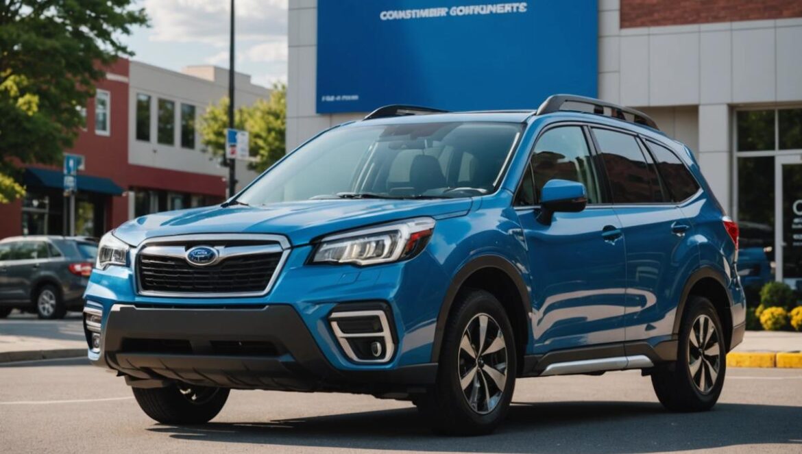 Subaru destrona a Toyota: el dato que reventó el ranking de fiabilidad 2025 según Consumer Reports Un Subaru moderno frente a un cartel de premios, destacando su triunfo en fiabilidad para 2025.