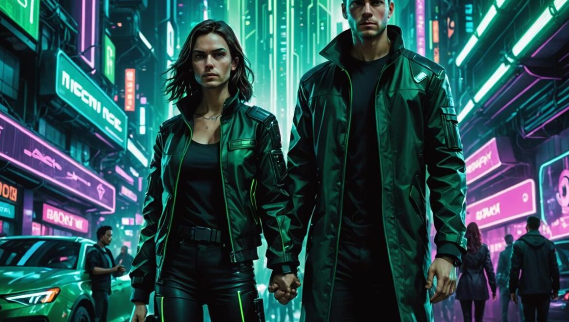 Más allá del bullet time: cómo el amor Neo-Trinity convirtió a Matrix en la revolución más humana del cine A photorealistic editorial image of Neo and Trinity, standing together in a futuristic cyberpunk cityscape at night, surrounded by glowing green code streams and neon lights. Both characters are centered in the frame, holding hands with determined expressions. The background features towering digital buildings and a faint silhouette of The Architect's face behind them. Moody lighting with sharp focus on the couple, dramatic atmosphere emphasizing their emotional connection.