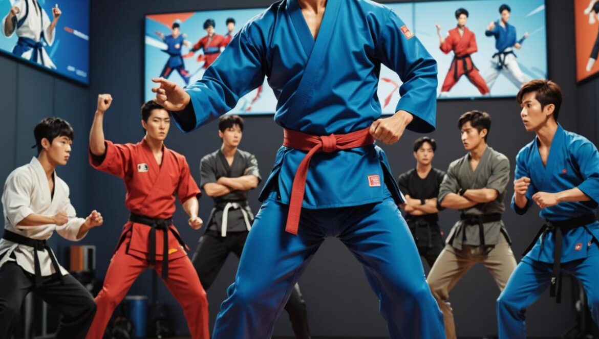 K-pop, demonios y patadas voladoras: llega Kpop Demon Hunters Taemi dirigiendo una sesión de artes marciales con chicas estilo K-pop en un moderno estudio de animación.